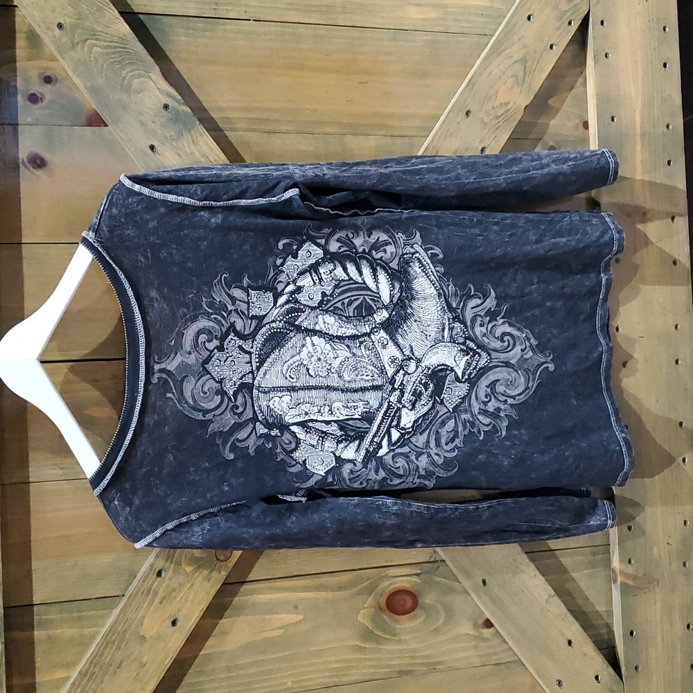 Vocal Charcoal VNeck Bling Long Sleeve Shirt Fleur De Lis Cowboy Boot Gun Pistol - Picture 5 of 7